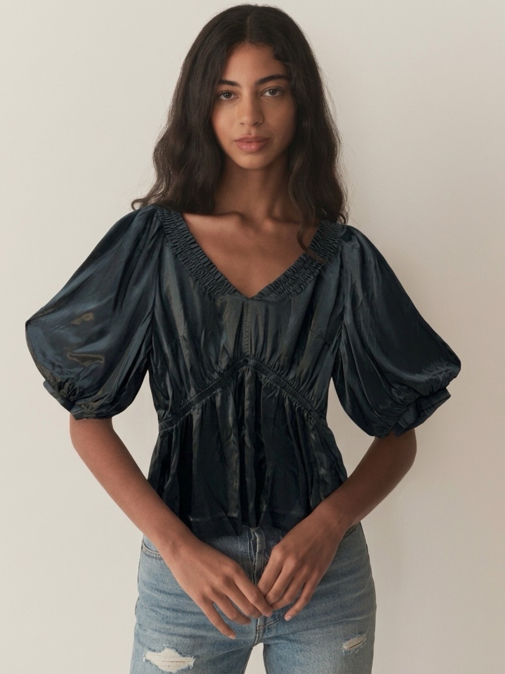 NEW Madewell Satin Festival Blouse Lrg sleeves, Royalty V-neck black SZ M #NT234